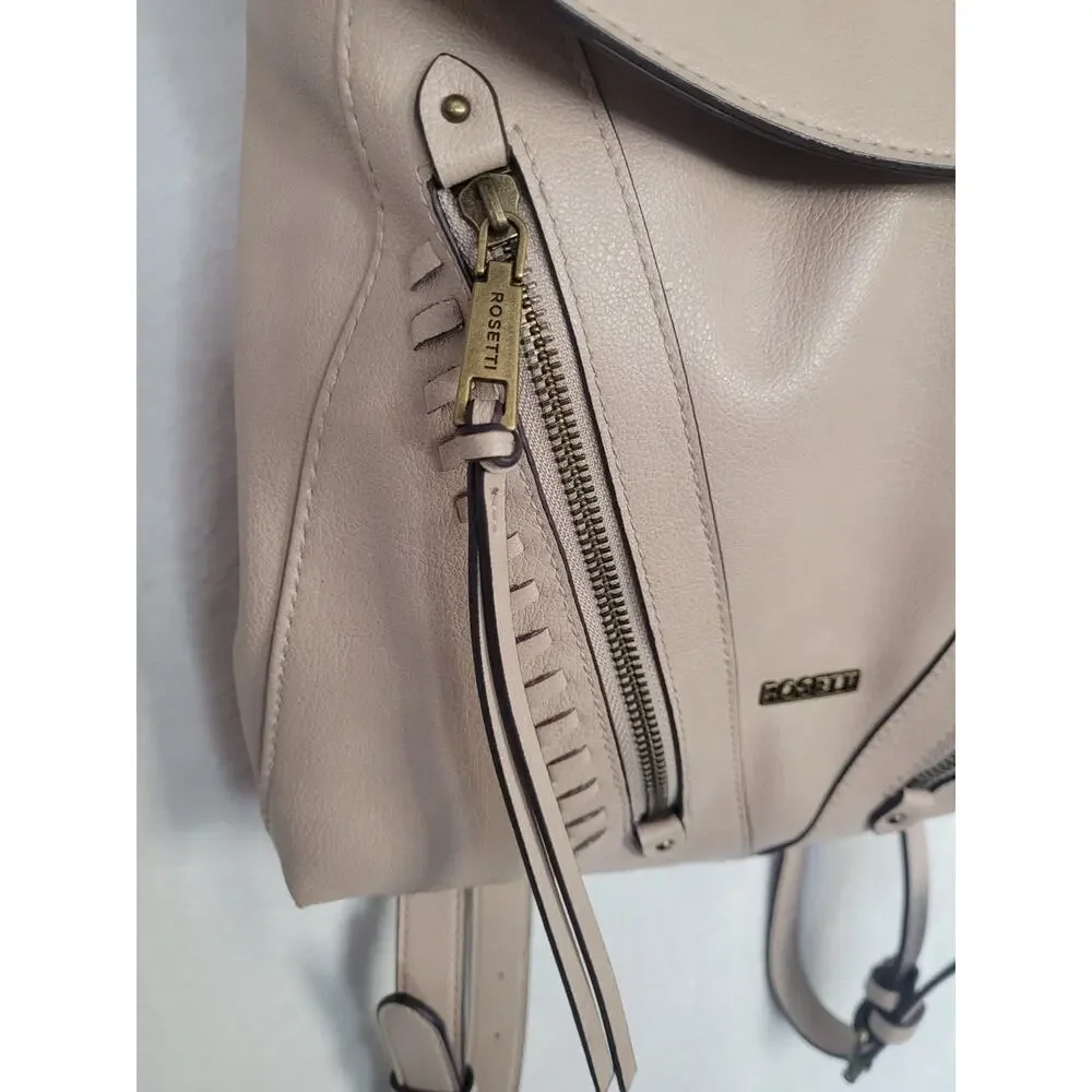Rosetti Taupe Beige Faux Leather Backpack Purse Dual Zip Pockets